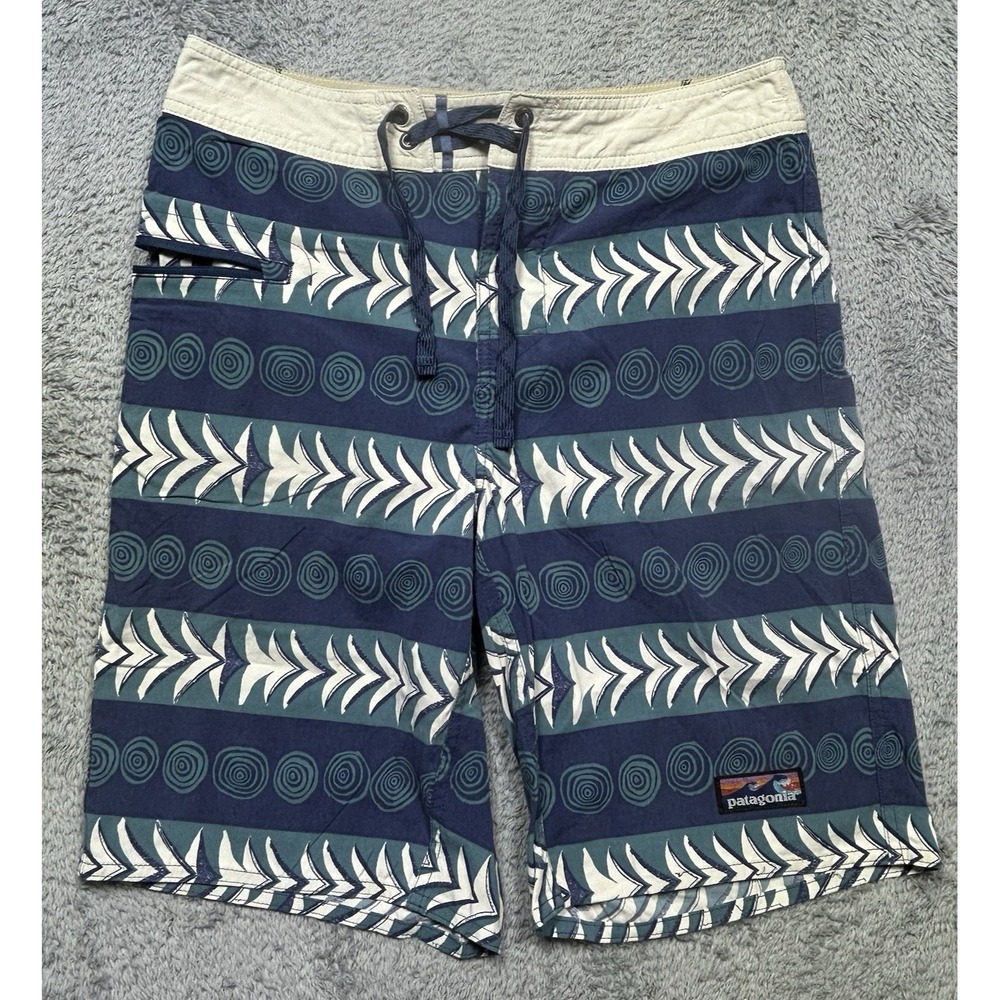 Patagonia Board Shorts Men's 30x10 Blue Geometric Rings Stretch Wavefarer *FLAW